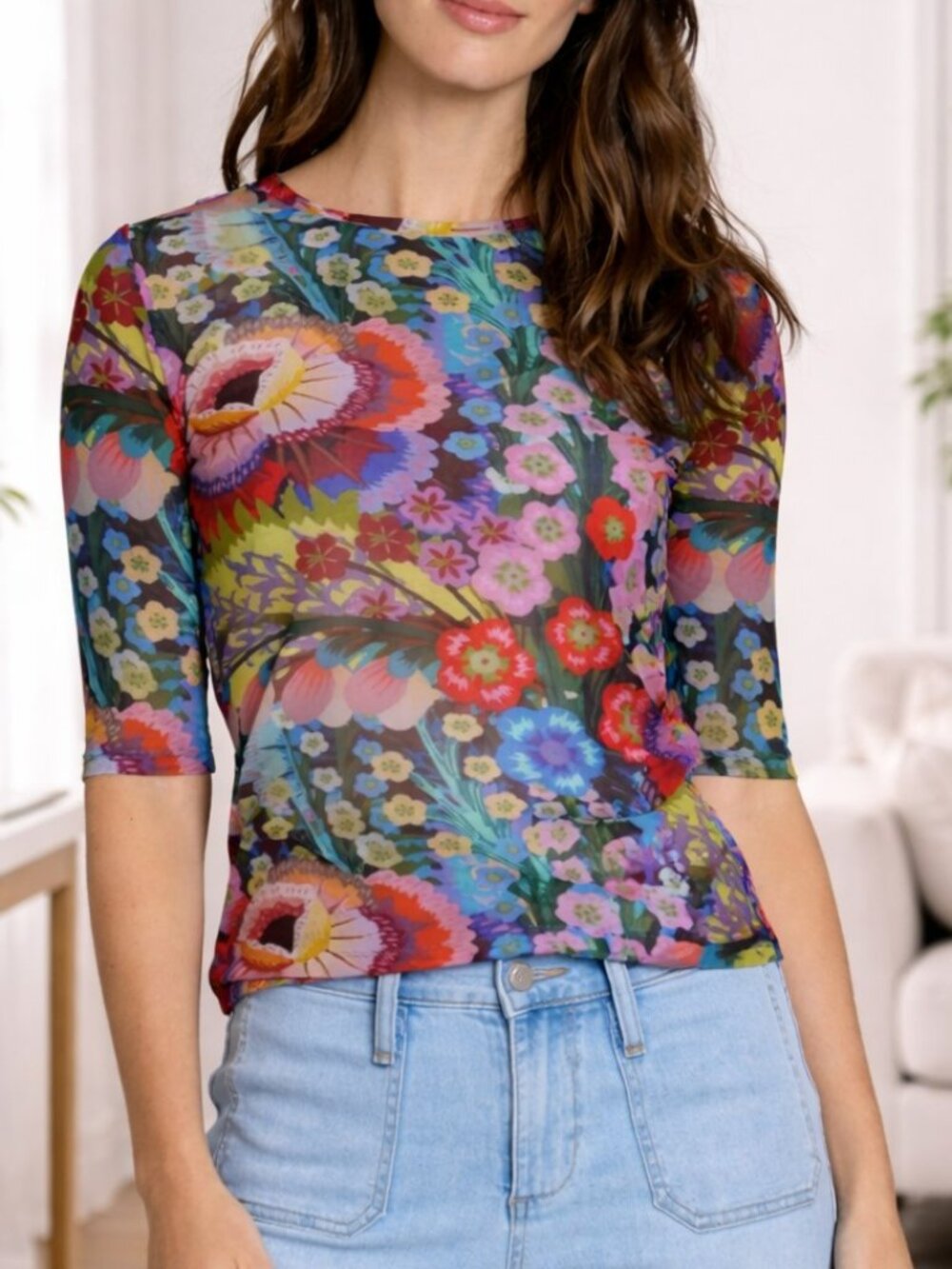 NWT APNY Printed Mesh Top with Elbow Sleeves Blue Multi